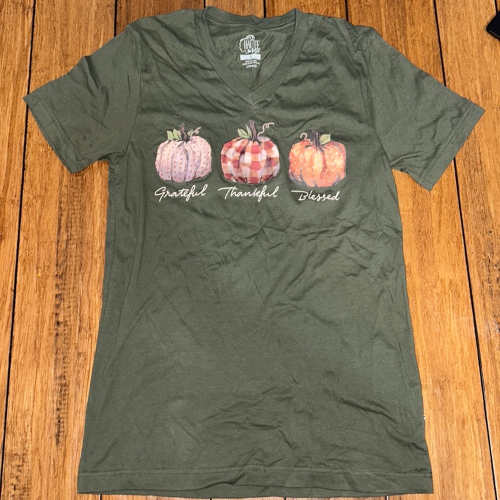 Green, Grateful, Thankful, Blessed V- Neck Graphic Tee